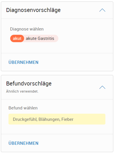 Diagnosen- und Befundvorschläge in der Karteikarte