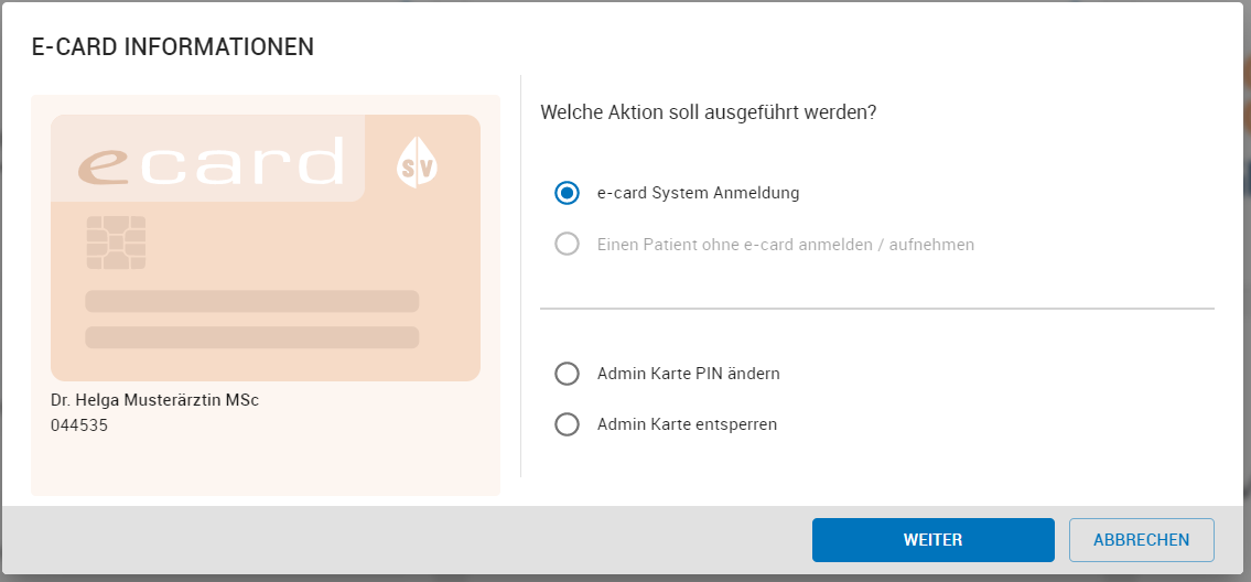 Dialog zur Auswahl der e-card Aktionen