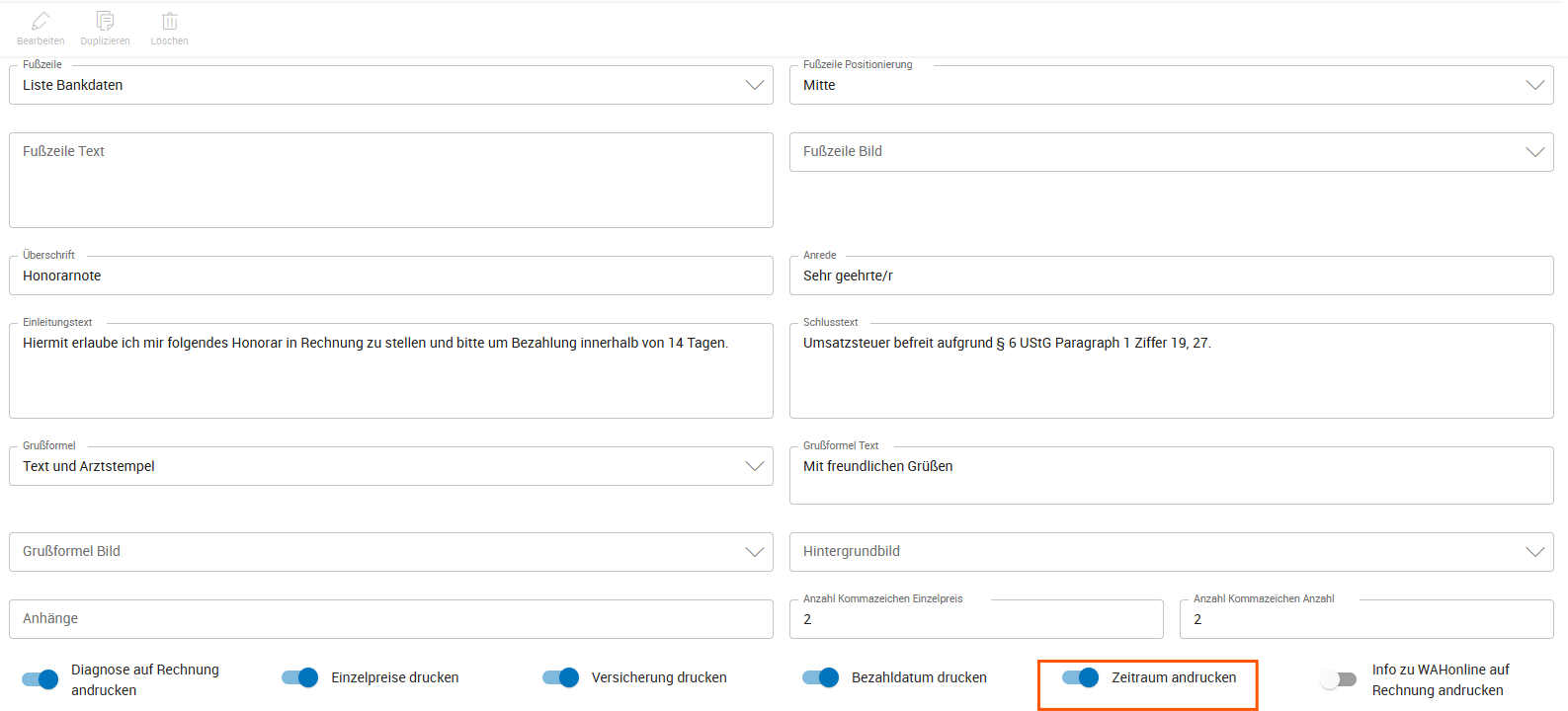 Einstellung ob Rechnungszeitraum auf Honorarnote angedruckt werden soll