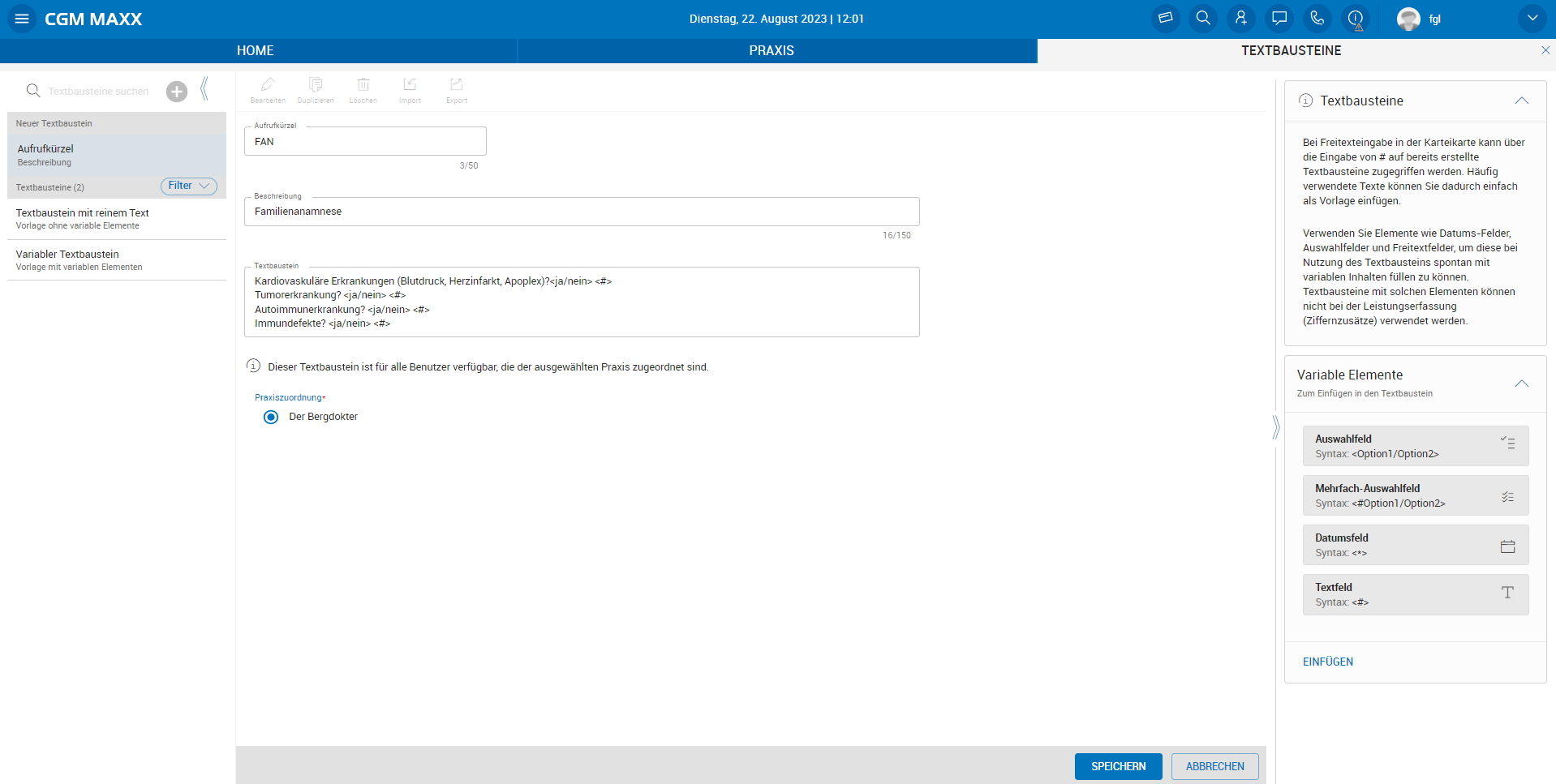 Details für neuen Textbaustein angeben