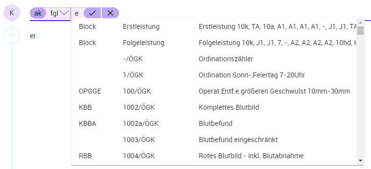 Auswahl Abrechnungspositionsblock