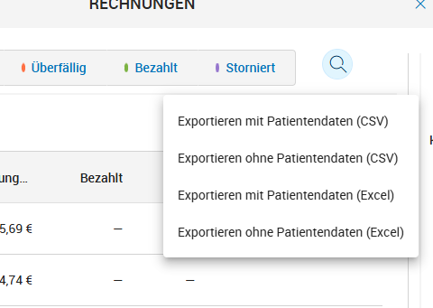 Rechnungsliste exportieren Optionen für Rechnungsexport