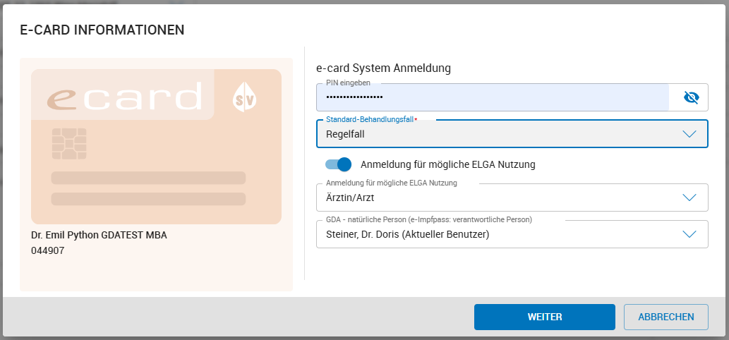 Eingabe von PIN zur Anmeldung am e-card System Eingabe von PIN zur Anmeldung am e-card System
