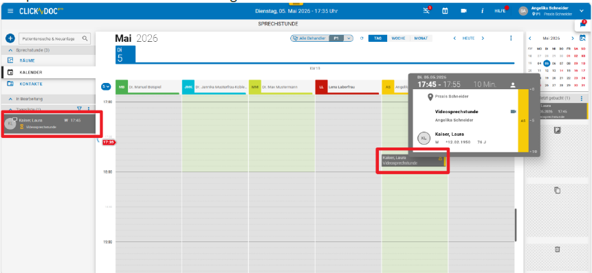 Beispiel sichtbare Termindetails in Tagesliste und Kalender Beispiel sichtbare Termindetails in Tagesliste und Kalender
