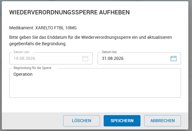 Sperre für Wiederverordnung aufheben Sperre für Wiederverordnung aufheben