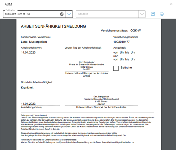 Ausdruck Arbeitsunfähigkeitsmeldung