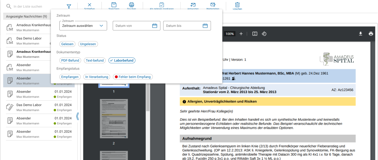 Geöffnetes Filtermenü