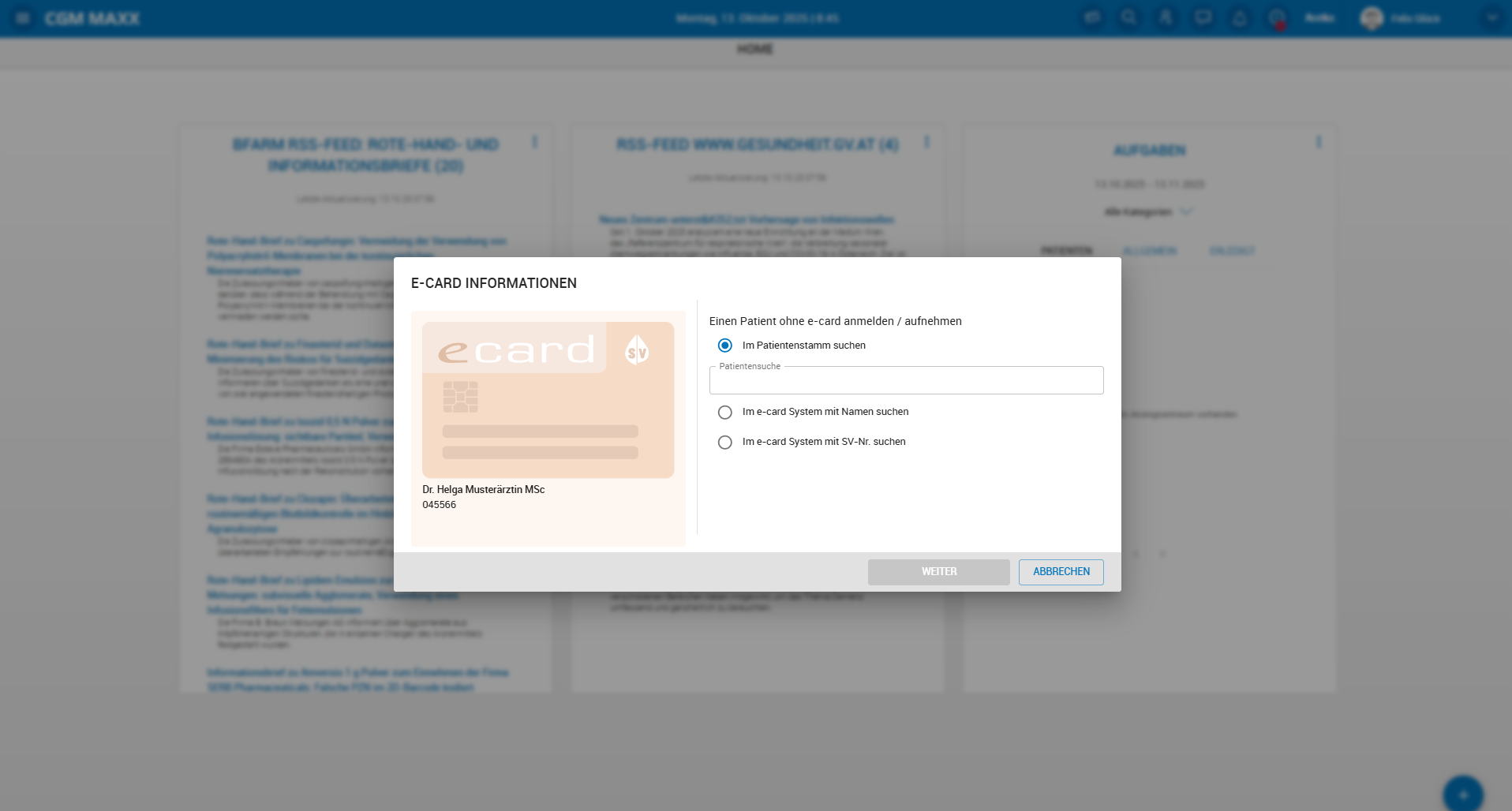 Patientenkontakt mit Admin-Karte einmelden