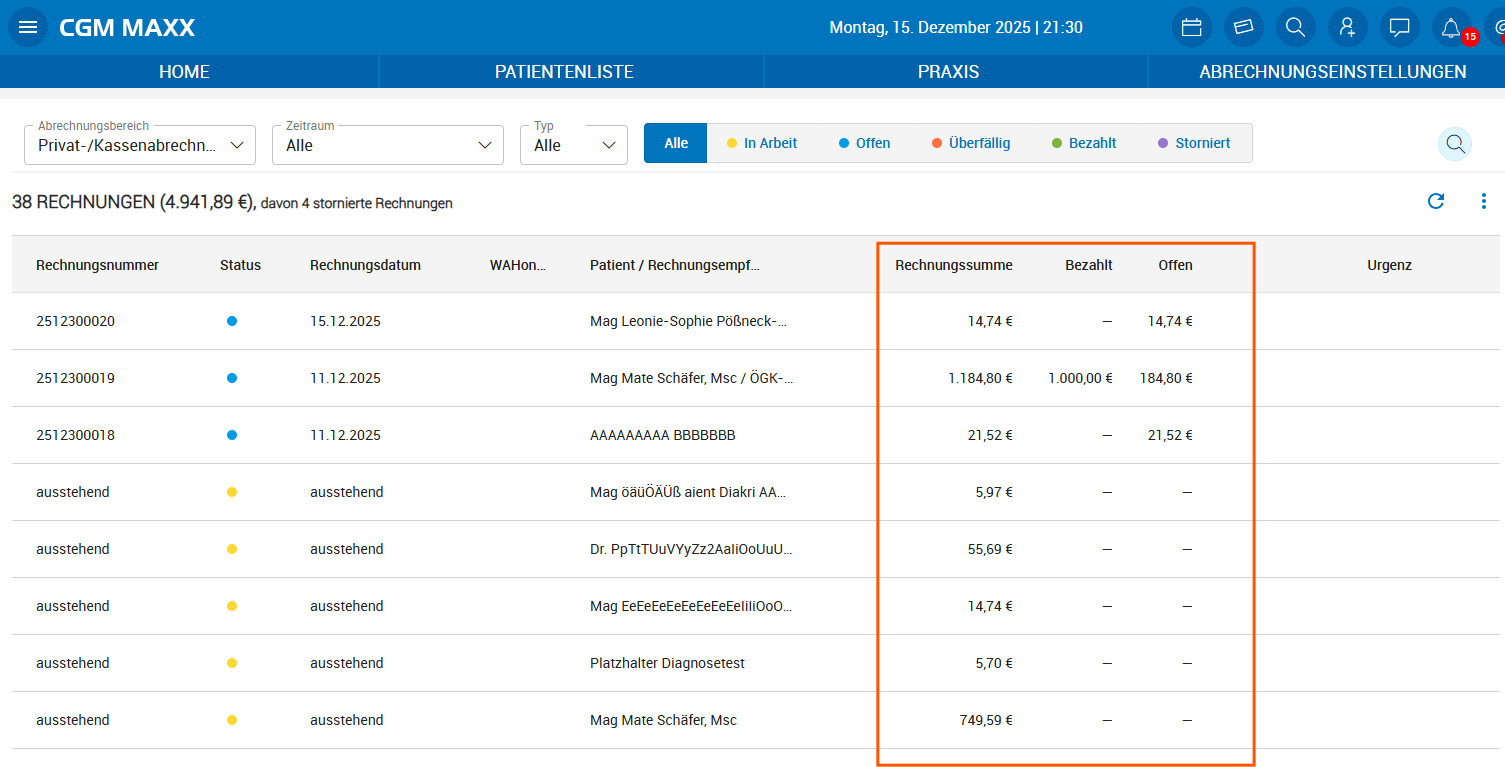 Rechnungsbetrag, bezahlter Betrag und offener Betrag in Rechnungsliste