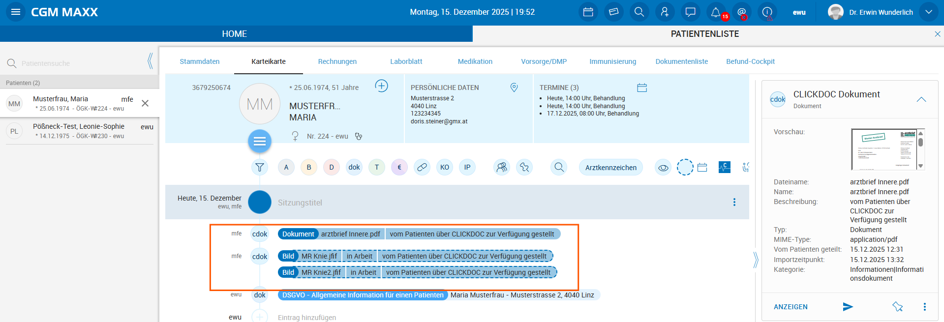 Importierte CLICKDOC Dokumente in der Karteikarte