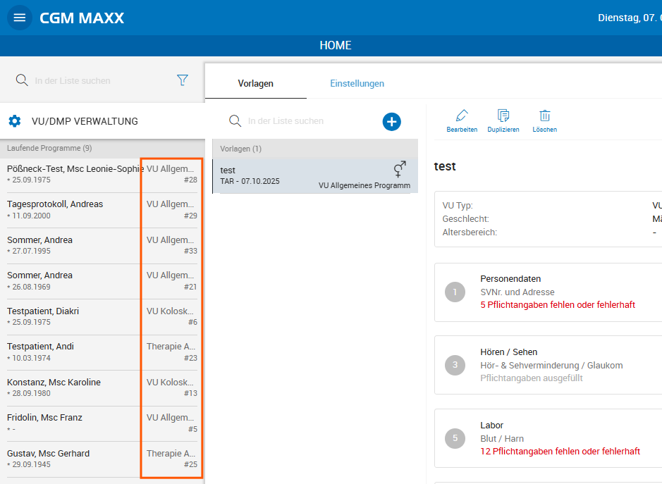 Anzeige VU Programm in Vorsorgeuntersuchung 