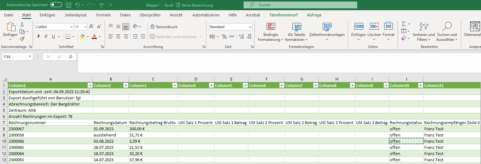 importierte Rechnungsliste in MS Excel