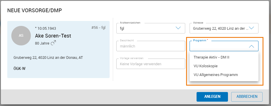 Neue Vorsorgeuntersuchung anlegen Neue Vorsorgeuntersuchung anlegen