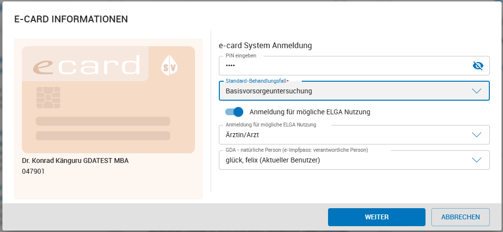Eingabe von PIN zur Anmeldung am e-card System