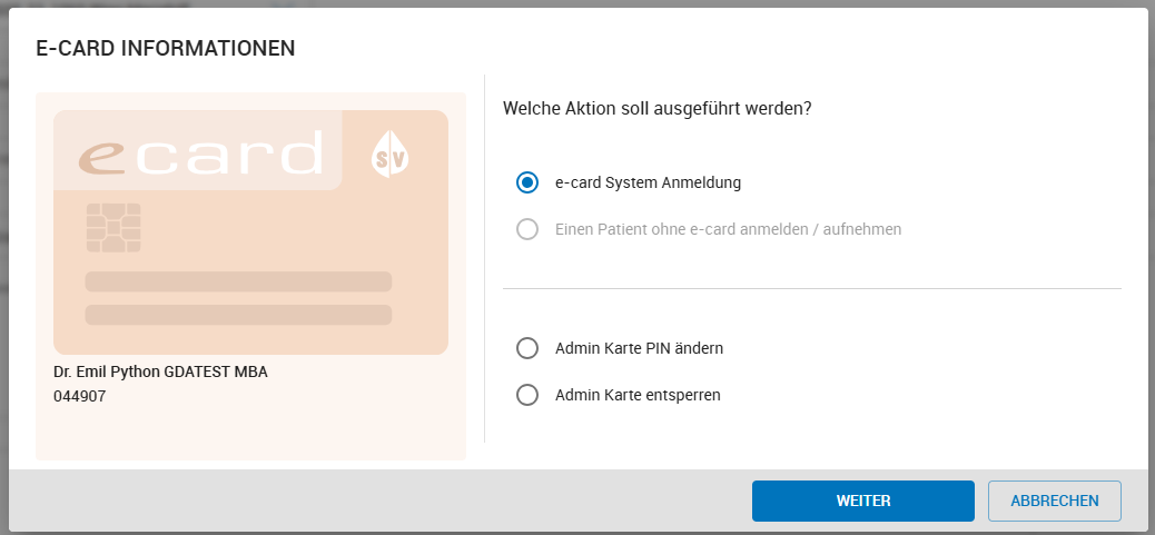 Dialog zur Auswahl der e-card Aktionen Dialog zur Auswahl der e-card Aktionen