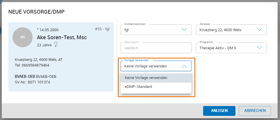DMP mit Vorlage erstellen