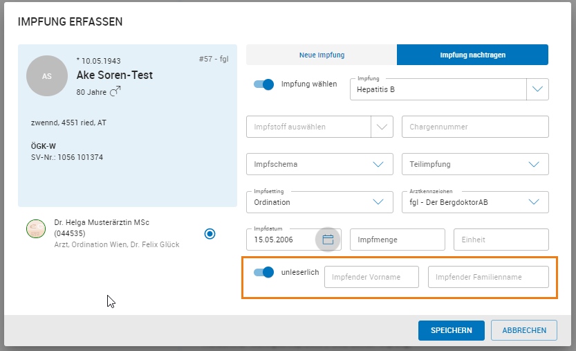 Angabe des impfenden Arztes  beim Nachtragen