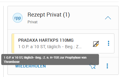 Kontextkarte Rezept mit Tooltip für OP-Anzahl, Stück pro Packung, Dosierung, Einnahmehinweise und Begründung