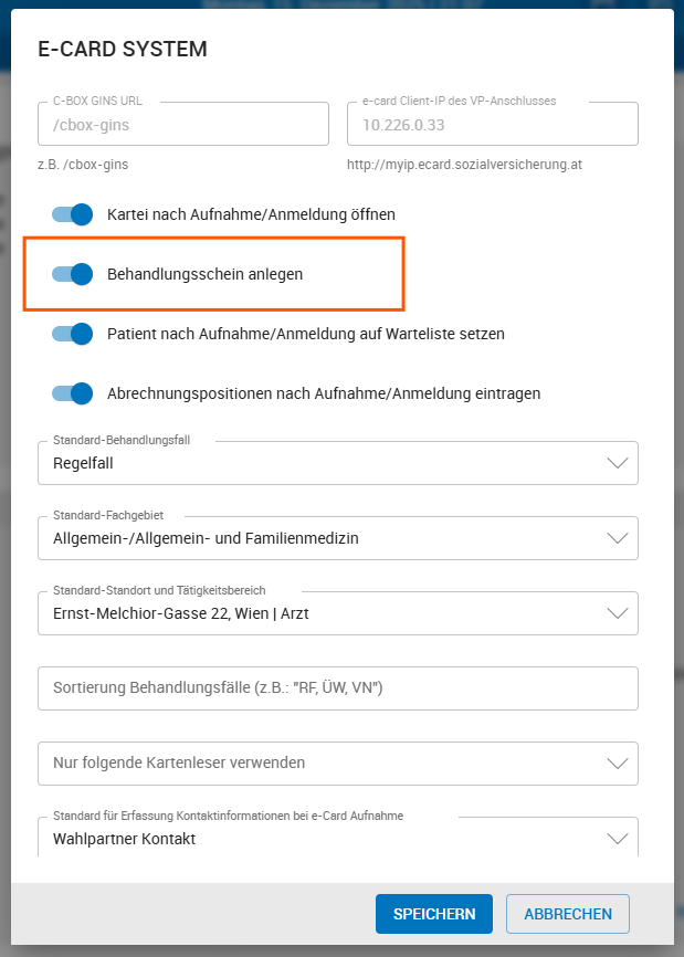 Behandlungsschein bei Anmeldung mit e-card anlegen
