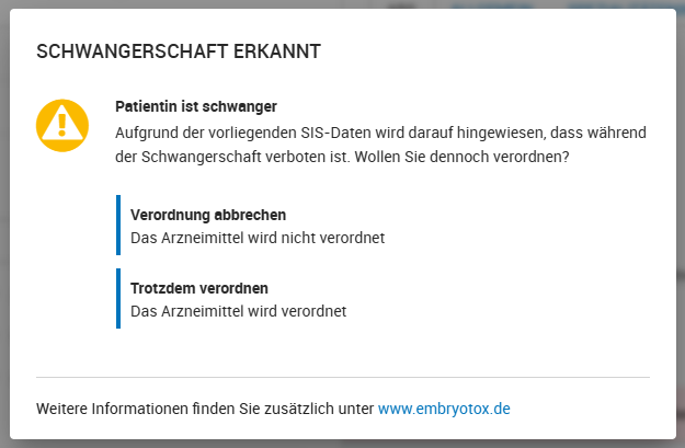 Warndialog „SCHWANGERSCHAFT ERKANNT Warndialog „SCHWANGERSCHAFT ERKANNT