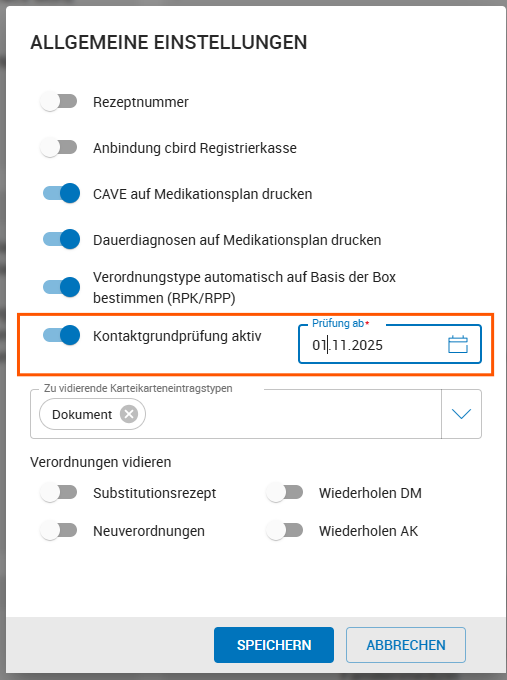 Einstellungen zu Kontaktprüfung Einstellungen zu Kontaktprüfung