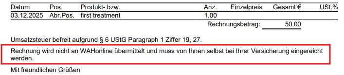 Rechnung mit Informationstext bzgl. WAHonline