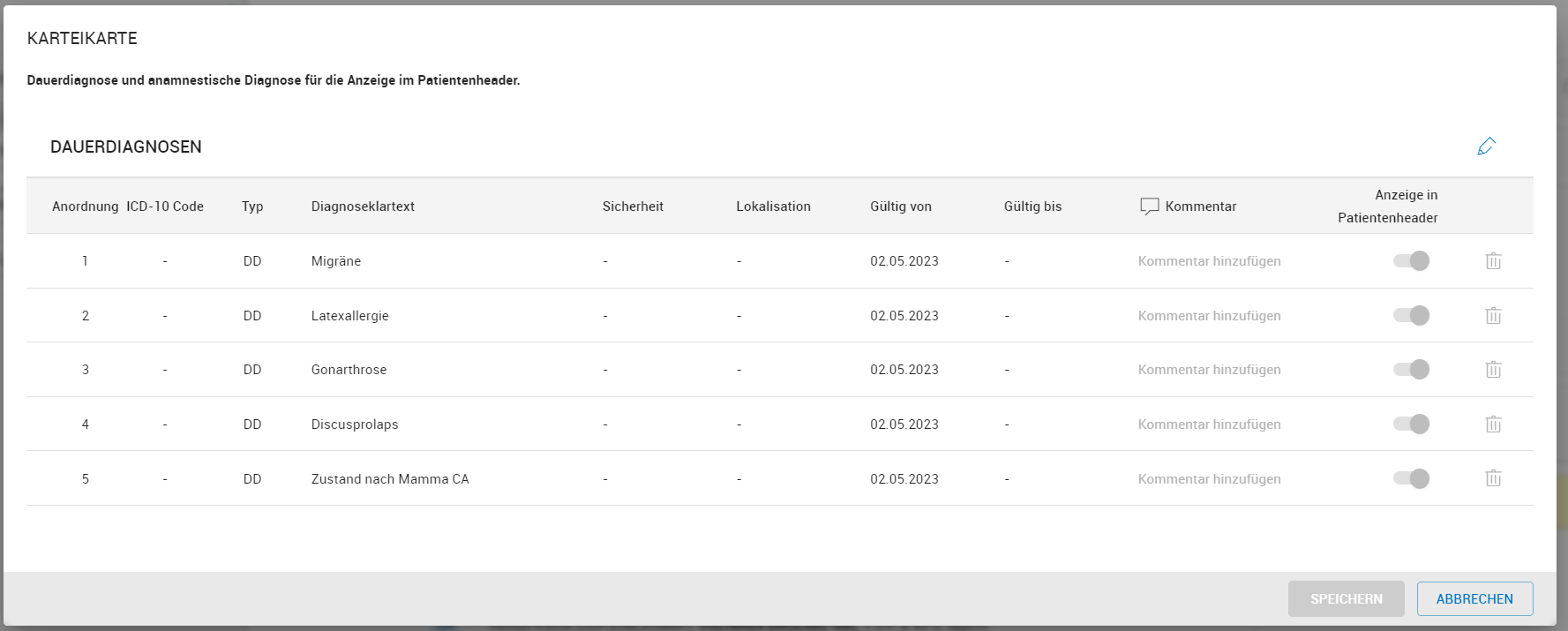 Dauerdiagnosen im Patientenheader bearbeiten Dauerdiagnosen im Patientenheader bearbeiten