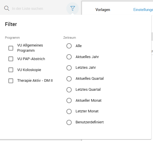 Filter in Vorsorge/DMP