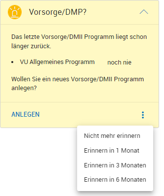 Kontextmenü in der Kontextkarte Vorsorge/DMP