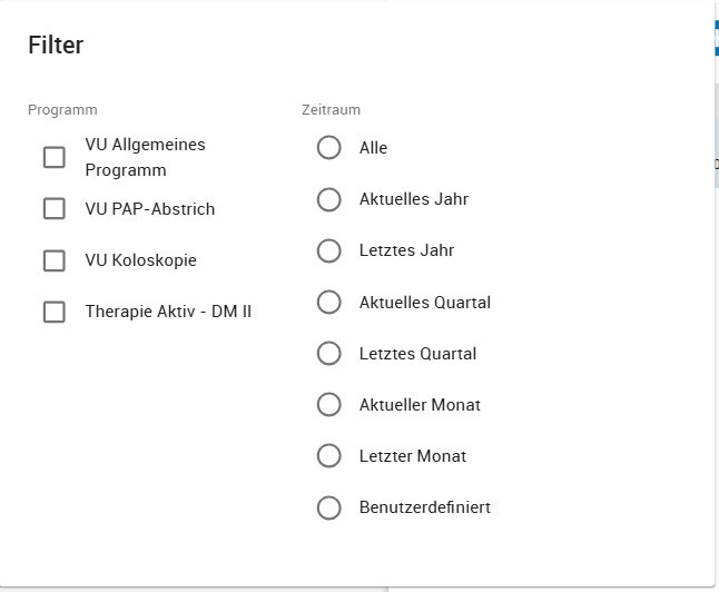 Filtermöglichkeiten in der Vorsorge