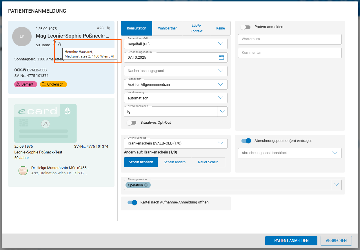 Anzeige Hausarzt in Patienteninfobox 