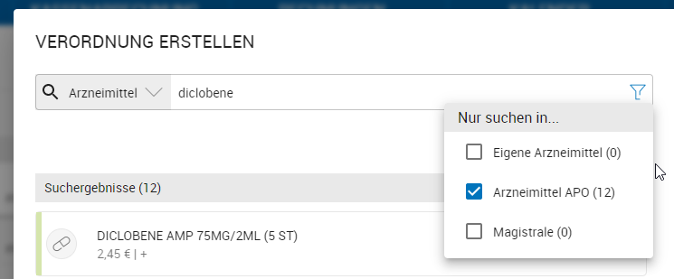Filter bei Medikamentensuche