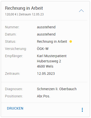 Kontextkarte Rechnung in Arbeit