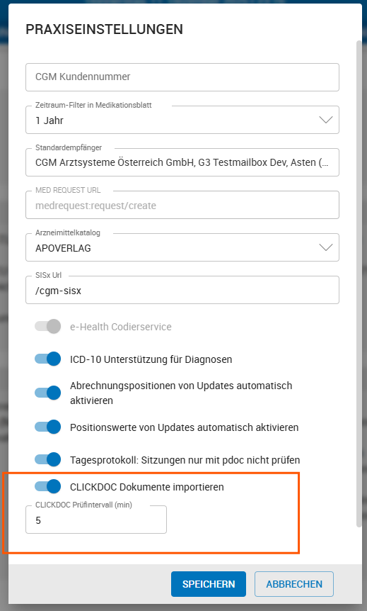 Einstellungen zu CLICKDC Befunde empfangen
