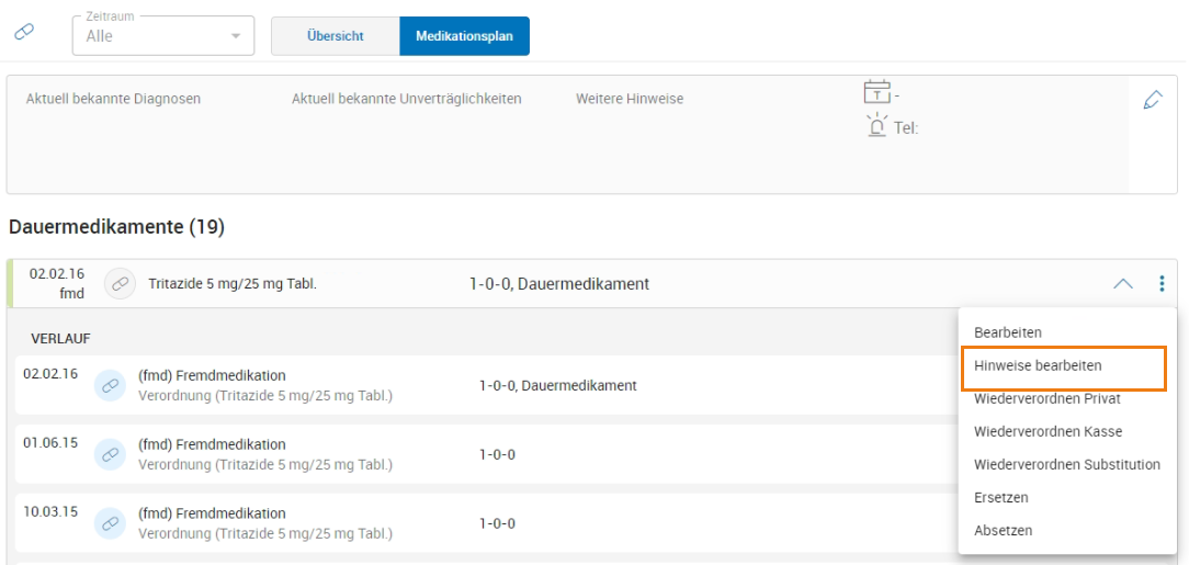 Hinweise bearbeiten im Medikationsplan Hinweise bearbeiten im Medikationsplan