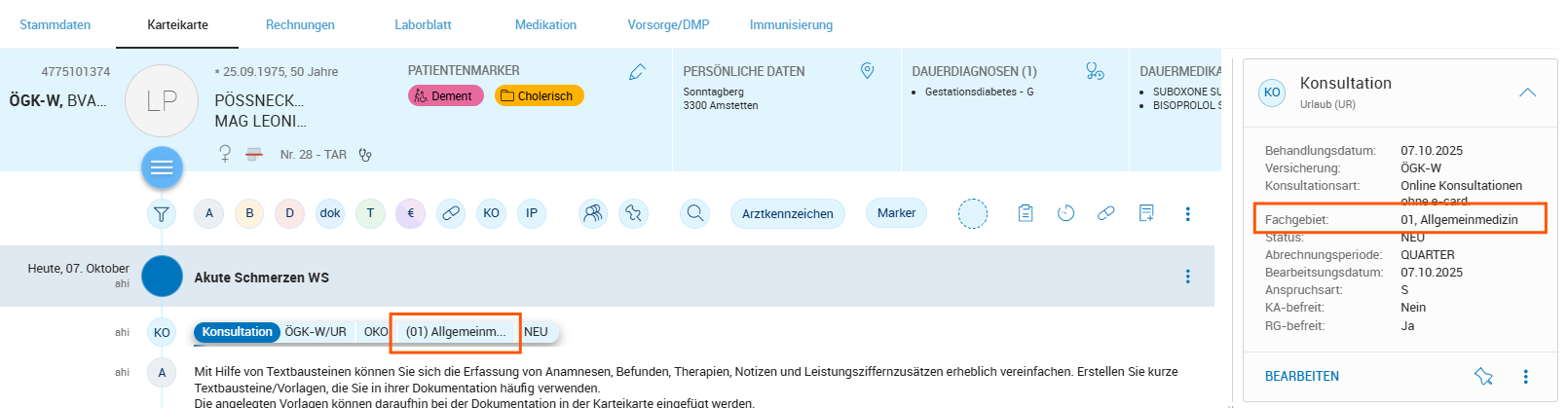 Fachgebiet bei Konsultation anzeigen 