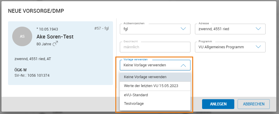 Vorlage für VU auswählen Vorlage für VU auswählen