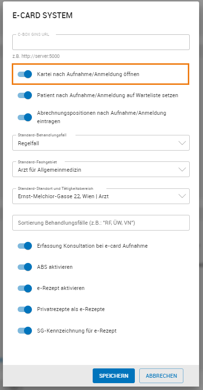 Einstellung ob die Karteikarte des Pateinten nach e-Card Administration geöffnet werden soll
