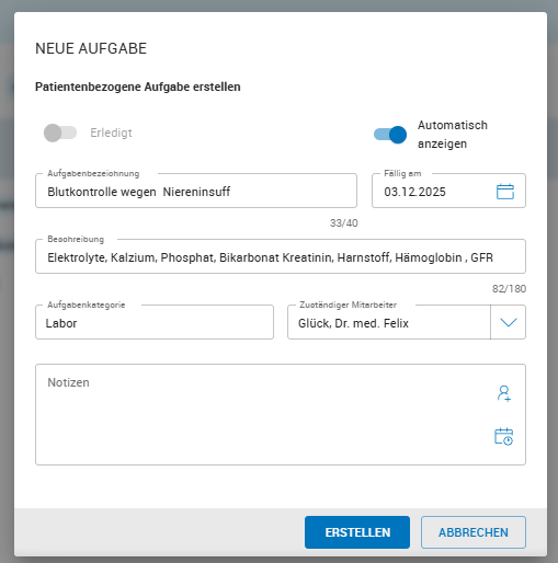 Anlegen einer neuen Aufgabe
