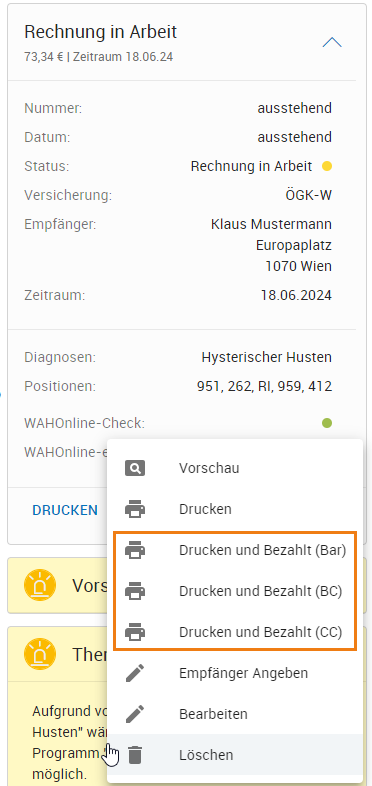 Honorarnote erstellen und Zahlung angeben