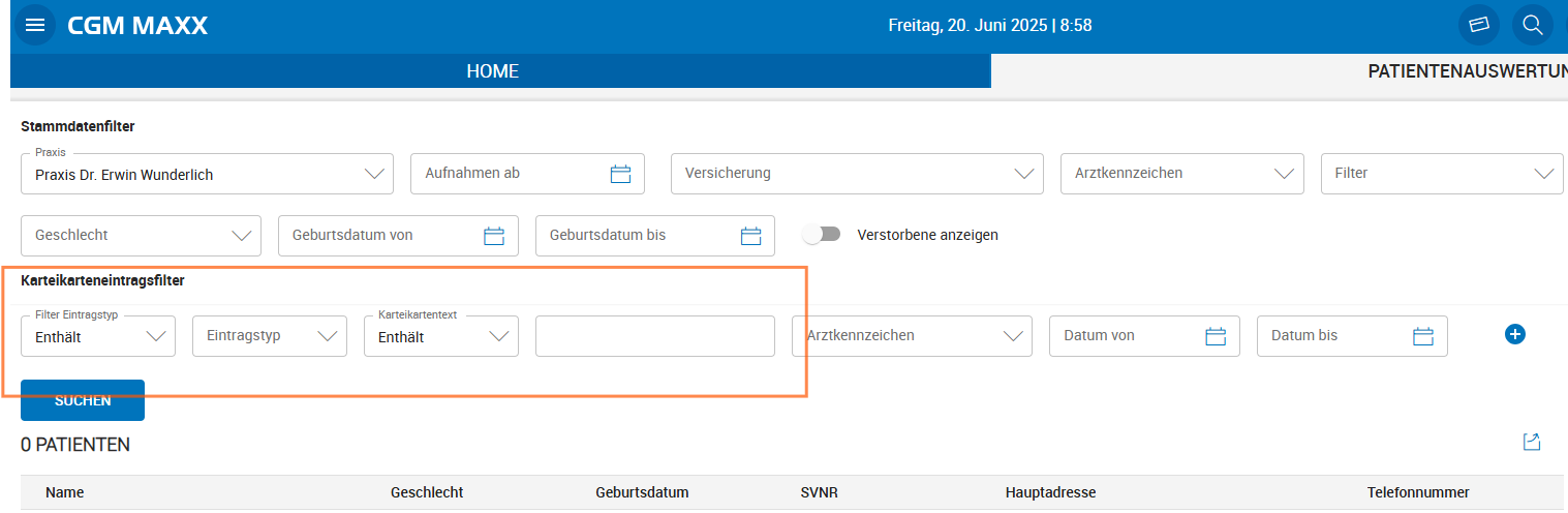 Karteieintragsfilter bei Patientenauswertung Karteieintragsfilter bei Patientenauswertung