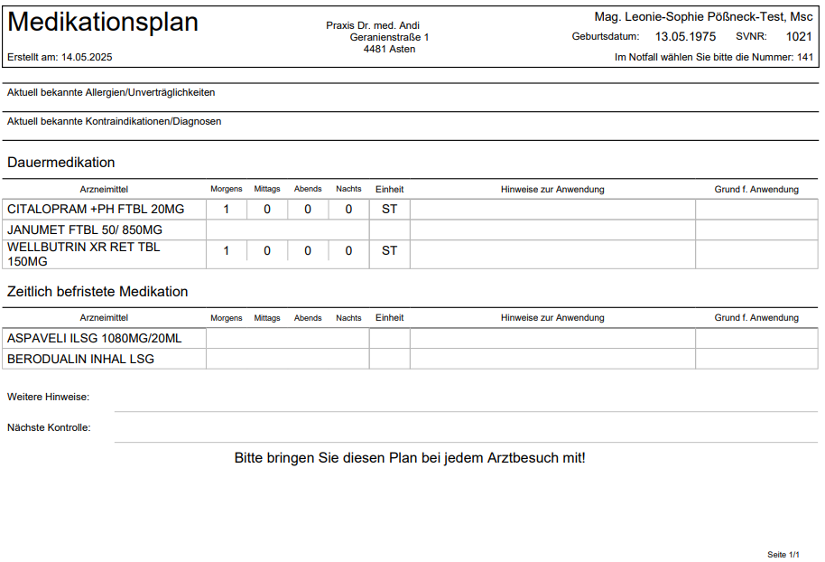 Gedruckter Medikationsplan des Patienten Medikonsplan neu