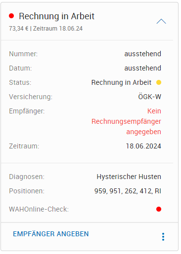 Honorarnote erfüllt nicht alle Kriterien für die Einreichung mit WAHonline