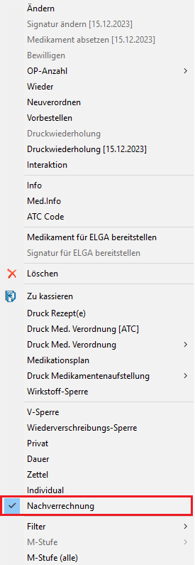 Nachverrechnung - Kontextmenü