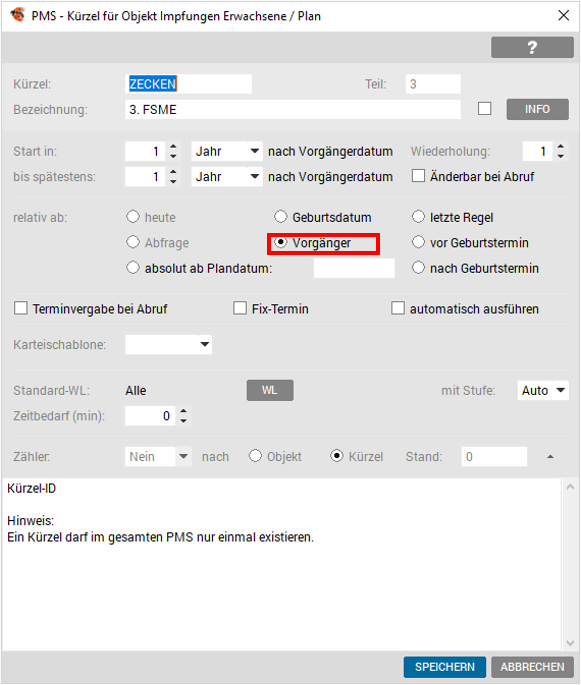 Weitere Teilimpfung anlegen
