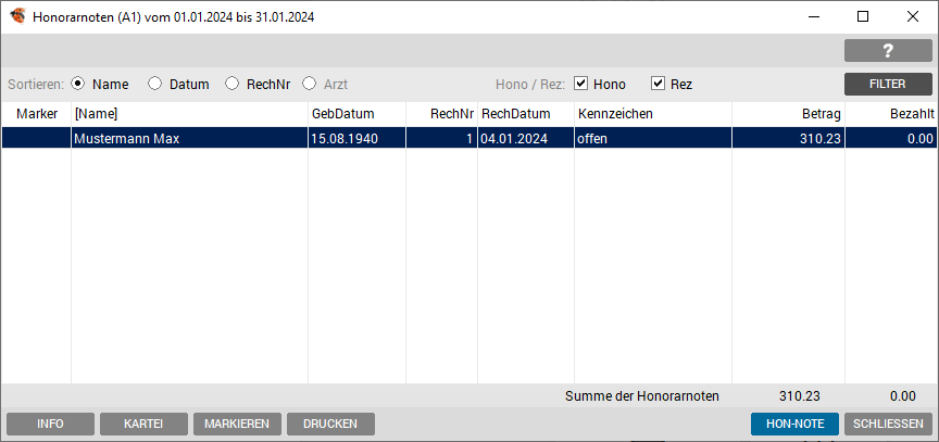 Auflistung Honorarnoten