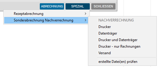 Kontextmenü - Sonderabrechnung Nachverrechnung