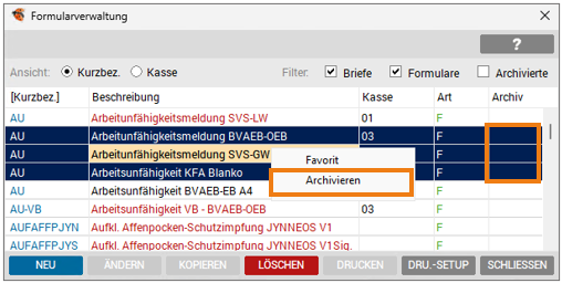 Kontextmenü ohne Markierung von archivierten Formularen