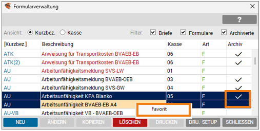 Kontextmenü mit Markierung von archivierten und nicht archivierten Formularen