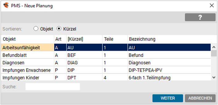 Kürzelauswahl